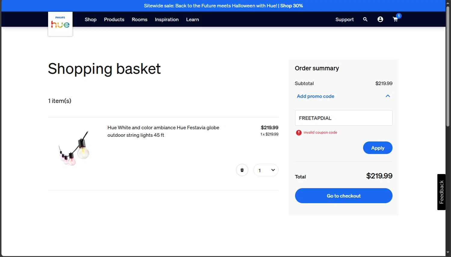 Philips Hue promo code screenshot showing code FREETAPDIAL applied at Philips Hue checkout page. Uploaded by SimplyCodes community member TokioMiller on Sep 17, 2025