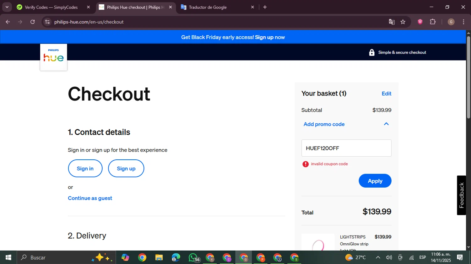 Philips Hue promo code screenshot showing code HUEF120OFF applied at Philips Hue checkout page. Uploaded by SimplyCodes community member BrilliantTracker4207 on Nov 14, 2025