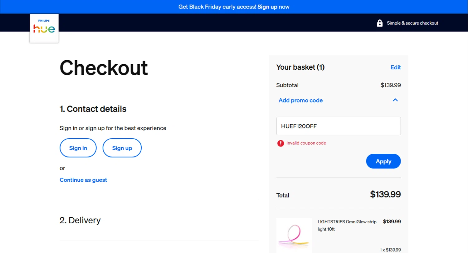 Philips Hue promo code screenshot showing code HUEF120OFF applied at Philips Hue checkout page. Uploaded by SimplyCodes community member Omega77 on Nov 14, 2025