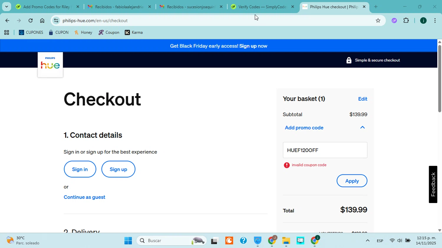 Philips Hue promo code screenshot showing code HUEF120OFF applied at Philips Hue checkout page. Uploaded by SimplyCodes community member jorgejavierherrera on Nov 14, 2025