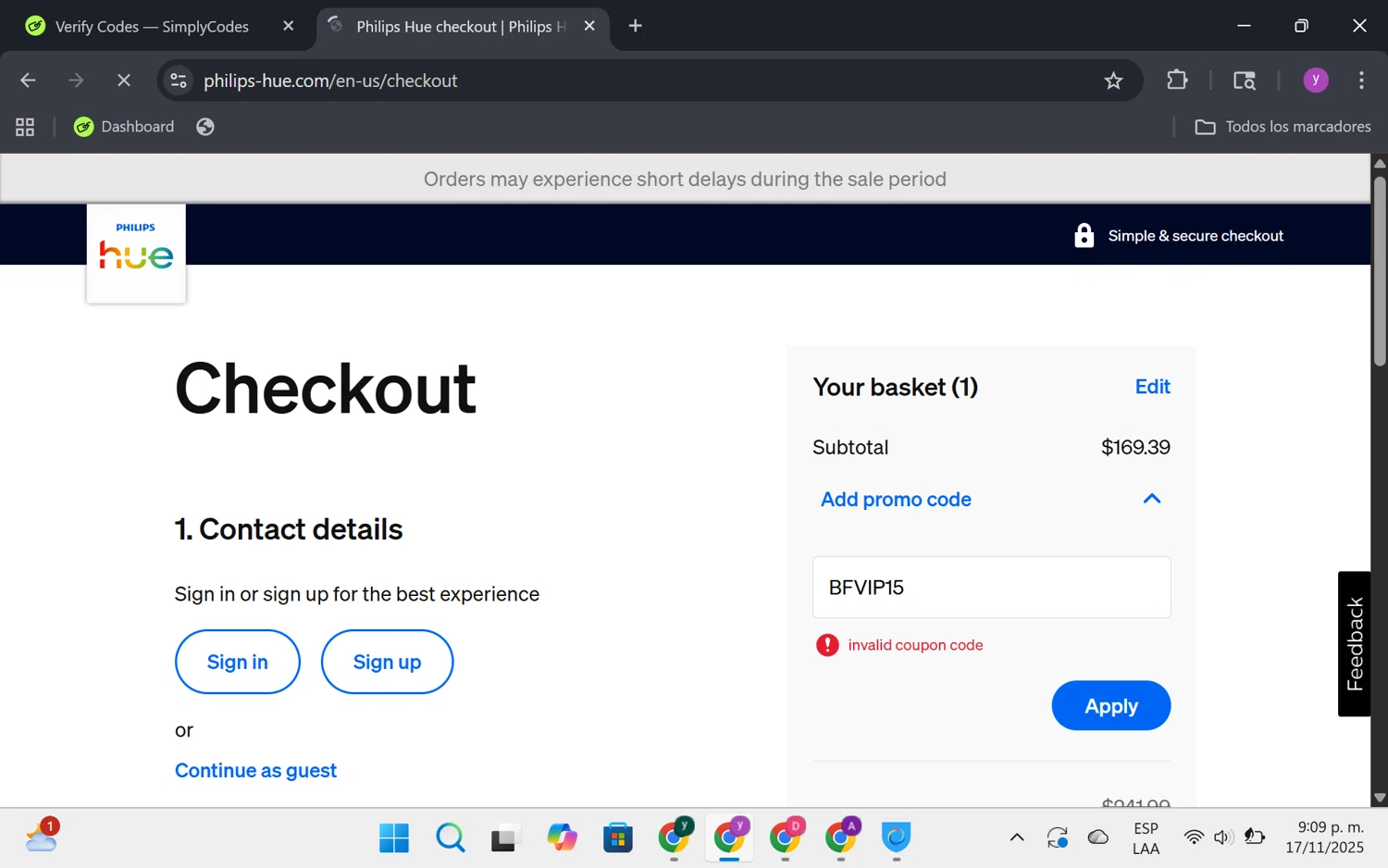 Philips Hue promo code screenshot showing code BFVIP15 applied at Philips Hue checkout page. Uploaded by SimplyCodes community member FrugalKnight6753 on Nov 18, 2025