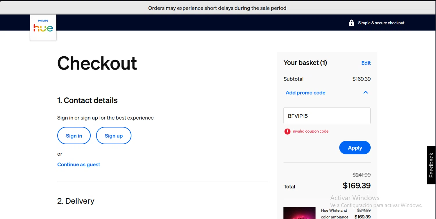 Philips Hue promo code screenshot showing code BFVIP15 applied at Philips Hue checkout page. Uploaded by SimplyCodes community member RewardLynx9164 on Nov 18, 2025