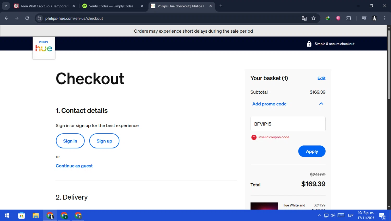 Philips Hue promo code screenshot showing code BFVIP15 applied at Philips Hue checkout page. Uploaded by SimplyCodes community member ScanFalcon6148 on Nov 18, 2025