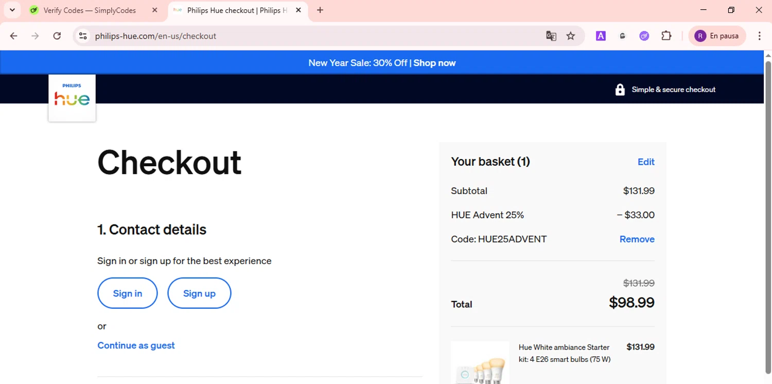 Philips Hue checkout page showing Philips Hue promo code box | Screenshot taken by SimplyCodes community member on Jan 28, 2026