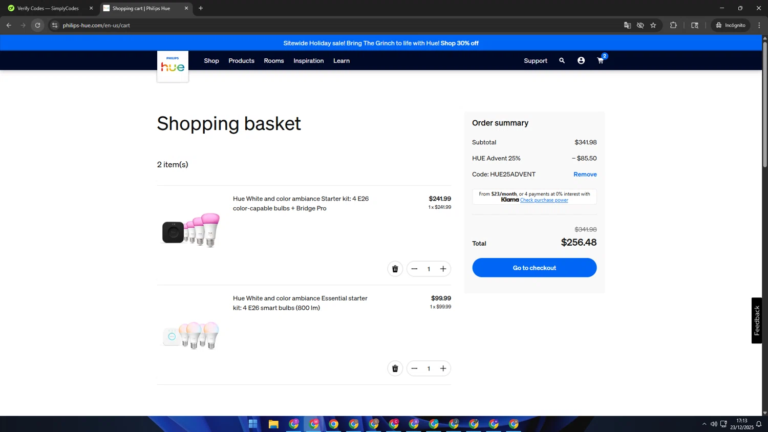 Philips Hue promo code screenshot showing code HUE25ADVENT applied at Philips Hue checkout page. Uploaded by SimplyCodes community member CBR600 on Dec 23, 2025