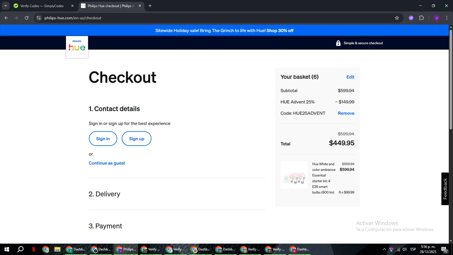 Philips Hue promo code screenshot showing code HUE25ADVENT applied at Philips Hue checkout page. Uploaded by SimplyCodes community member ComeBurra123 on Dec 28, 2025