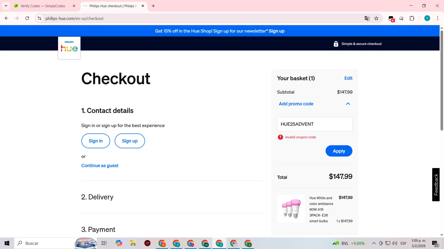 Philips Hue promo code screenshot showing code HUE25ADVENT applied at Philips Hue checkout page. Uploaded by SimplyCodes community member lyffytaro on Feb 3, 2026