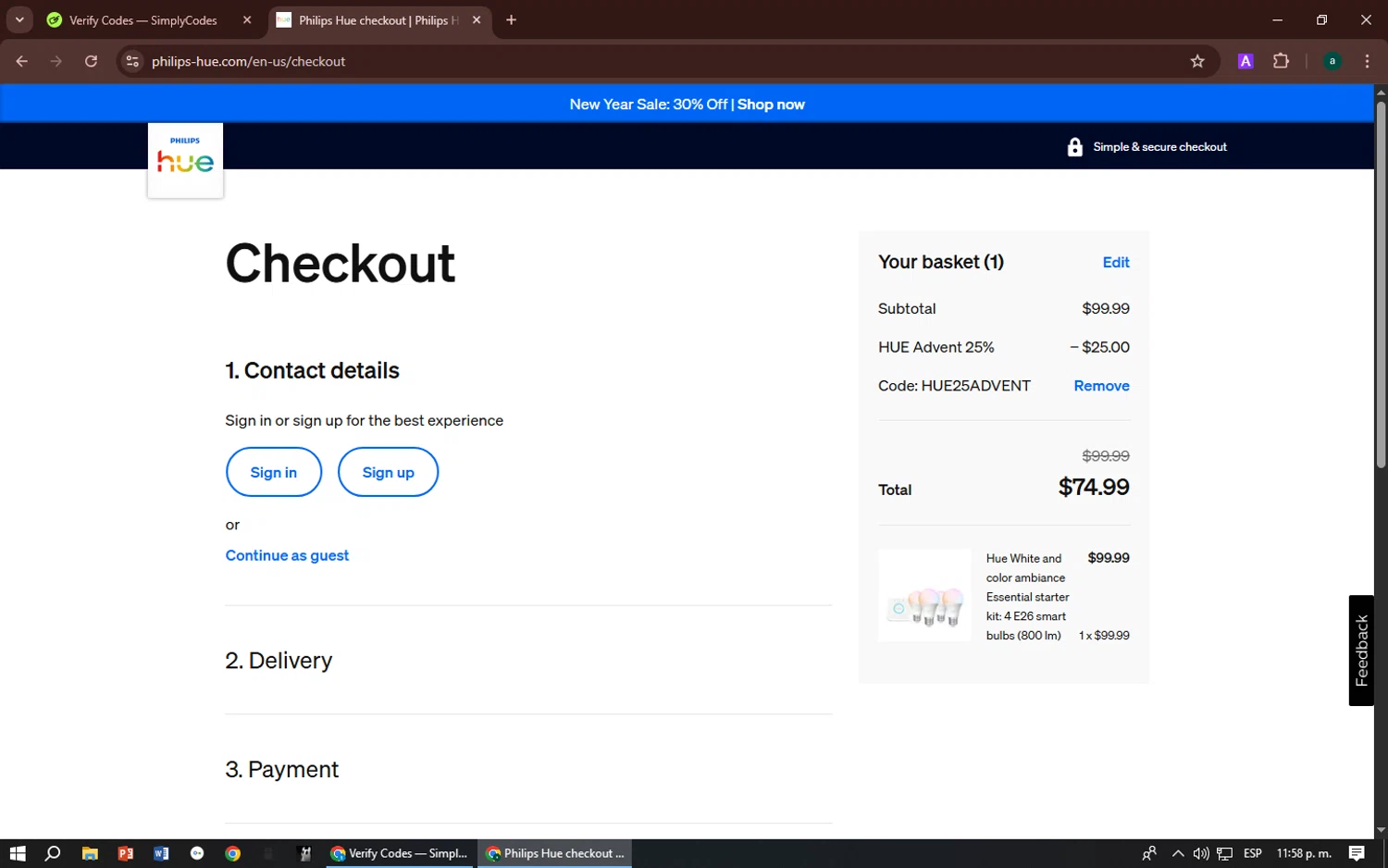 Philips Hue checkout page showing Philips Hue promo code box | Screenshot taken by SimplyCodes community member on Jan 22, 2026