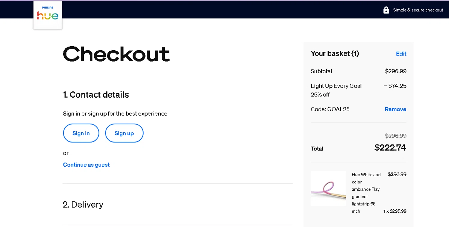 Philips Hue promo code screenshot showing code GOAL25 applied at Philips Hue checkout page. Uploaded by SimplyCodes community member beatrizcastillo on Jun 8, 2026