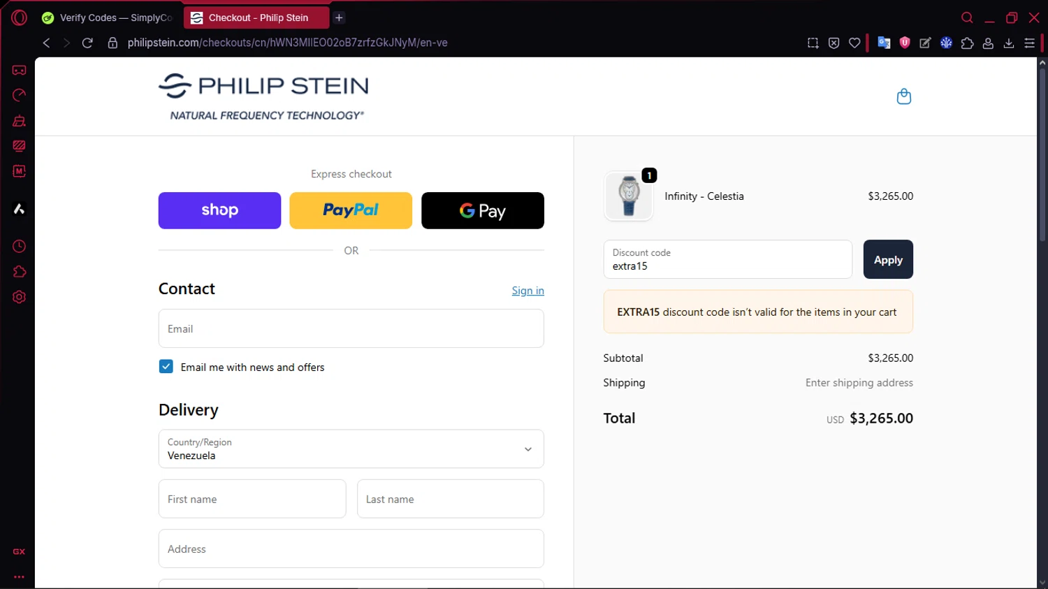 Philip Stein discount code screenshot showing code extra15 applied at Philip Stein checkout page. Uploaded by SimplyCodes community member TOLUENO on Sep 25, 2025