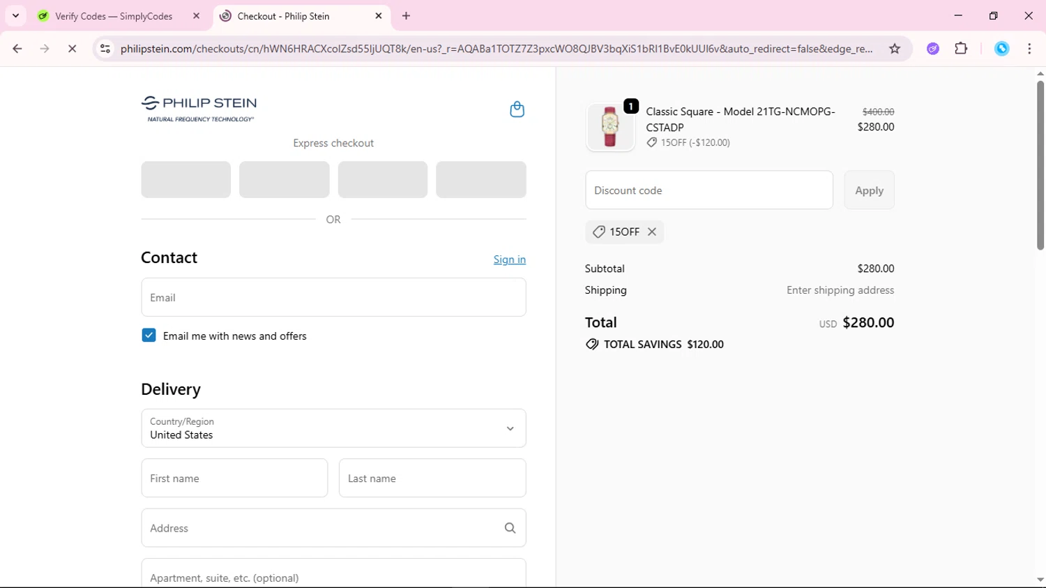 Philip Stein discount code screenshot showing code 15OFF applied at Philip Stein checkout page. Uploaded by SimplyCodes community member fabianmartinez on Dec 10, 2025