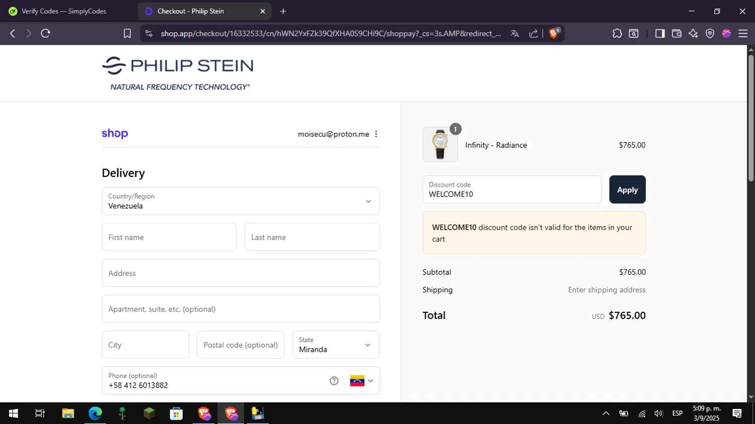 Philip Stein discount code screenshot showing code WELCOME10 applied at Philip Stein checkout page. Uploaded by SimplyCodes community member Mangoverde on Sep 3, 2025