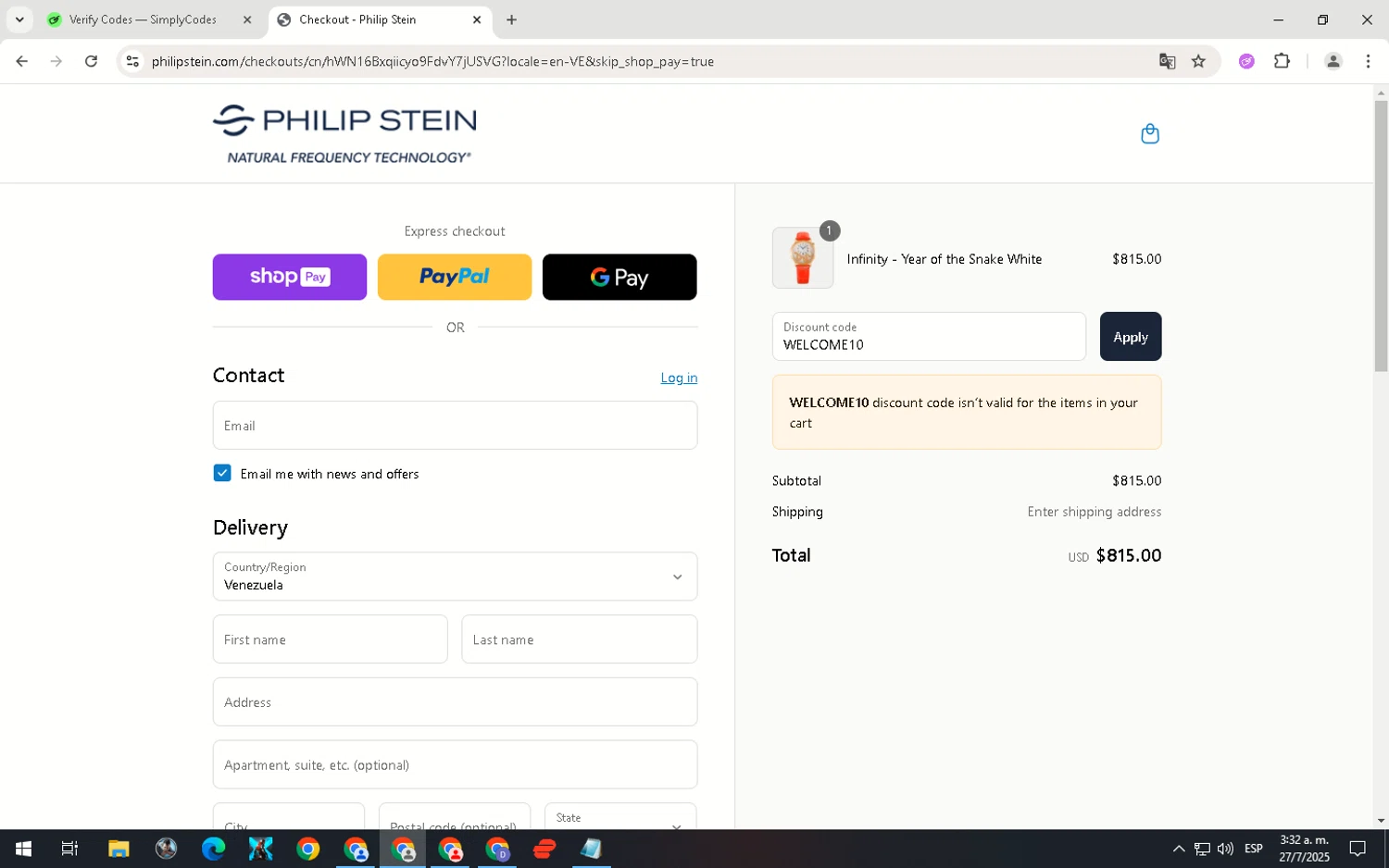 Philip Stein discount code screenshot showing code WELCOME10 applied at Philip Stein checkout page. Uploaded by SimplyCodes community member ScanNavigator5190 on Jul 27, 2025