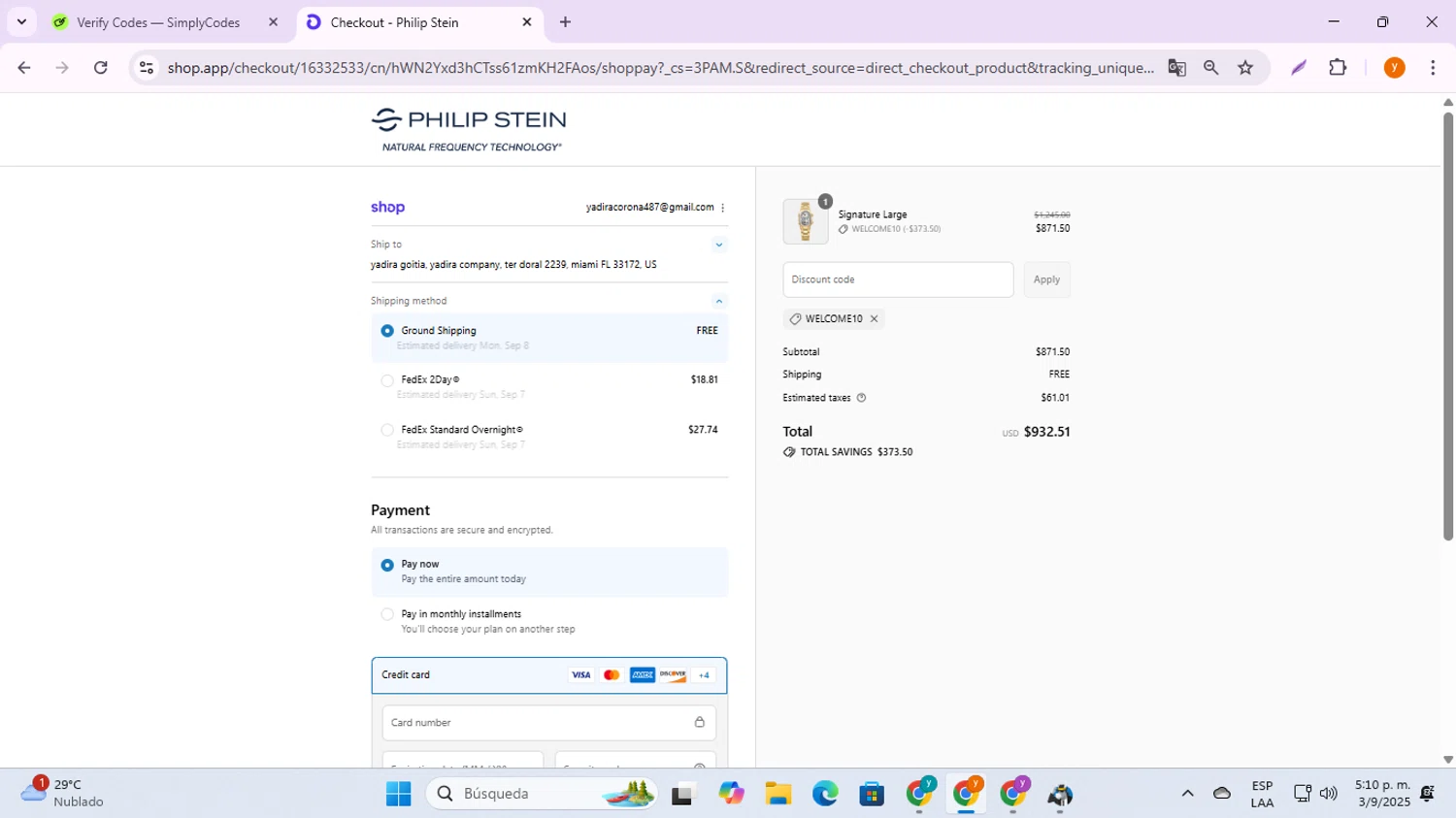 Philip Stein discount code screenshot showing code WELCOME10 applied at Philip Stein checkout page. Uploaded by SimplyCodes community member ycg487 on Sep 3, 2025