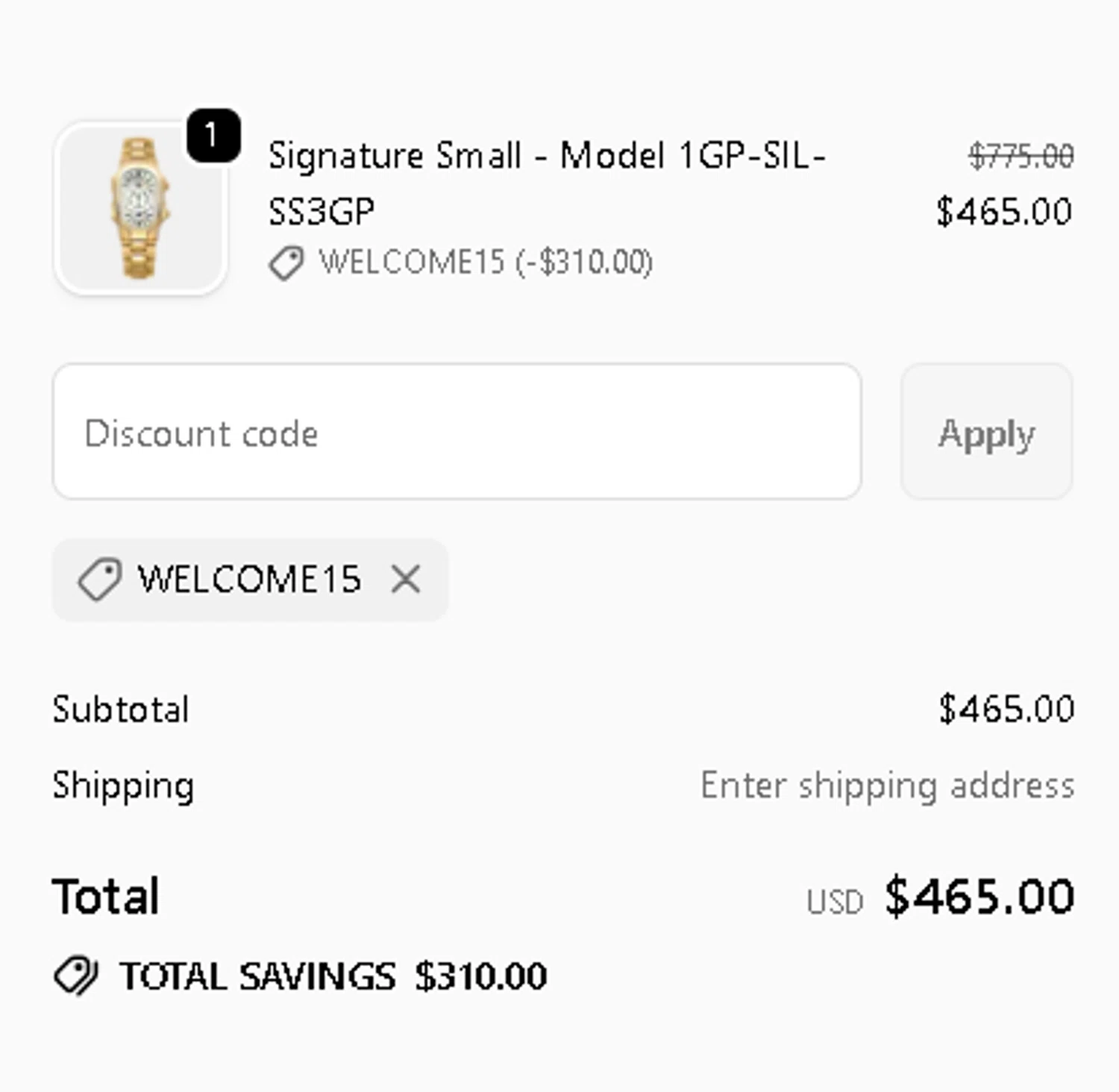 Philip Stein discount code screenshot showing code WELCOME15 applied at Philip Stein checkout page. Uploaded by SimplyCodes community member MightyPhoenix5865 on Nov 29, 2025