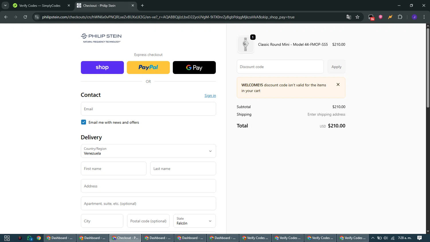 Philip Stein discount code screenshot showing code WELCOME15 applied at Philip Stein checkout page. Uploaded by SimplyCodes community member WiseMaven9968 on Dec 28, 2025
