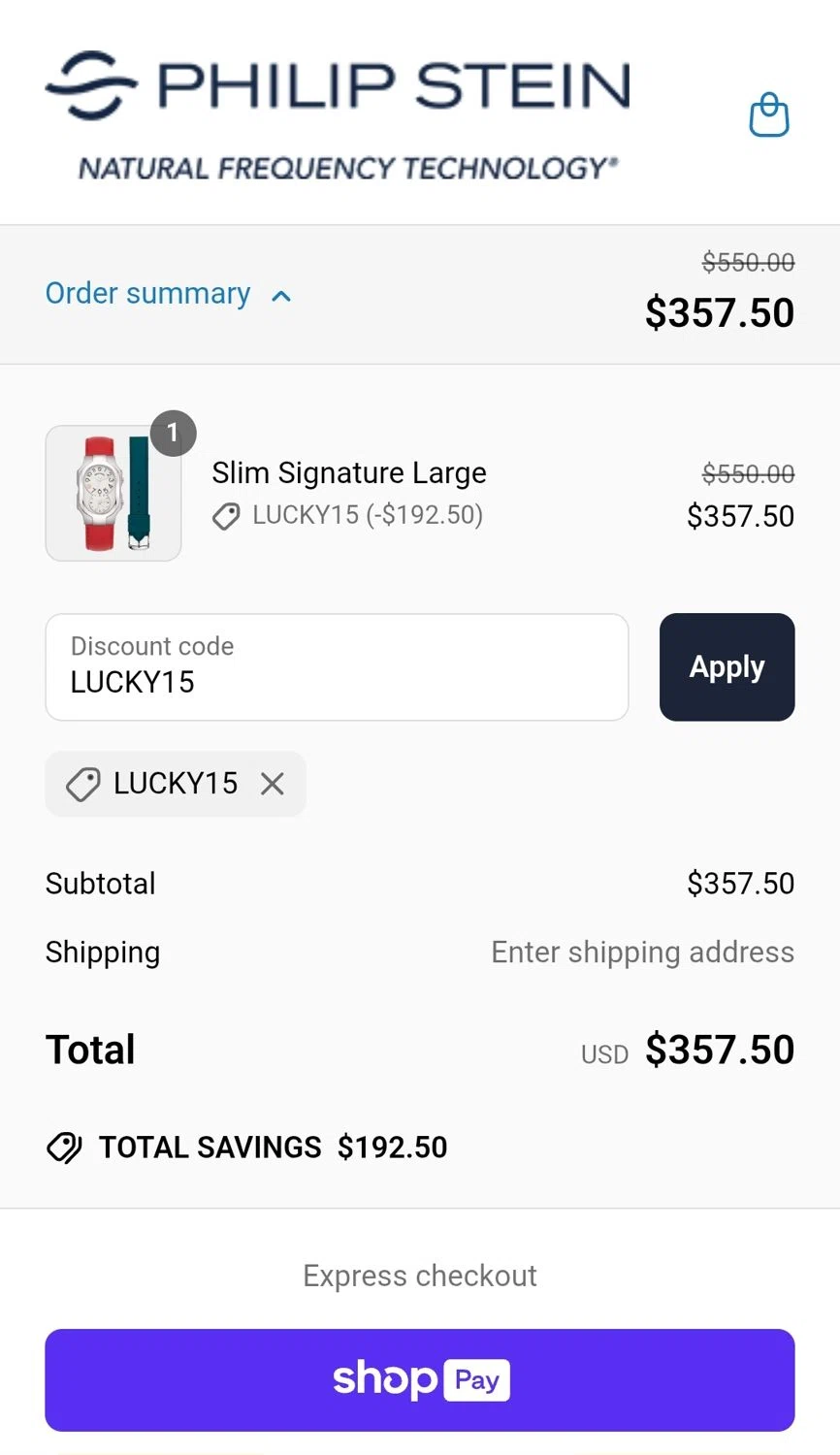 Philip Stein discount code screenshot showing code LUCKY15 applied at Philip Stein checkout page. Uploaded by SimplyCodes community member JuanMonge on Jun 16, 2025