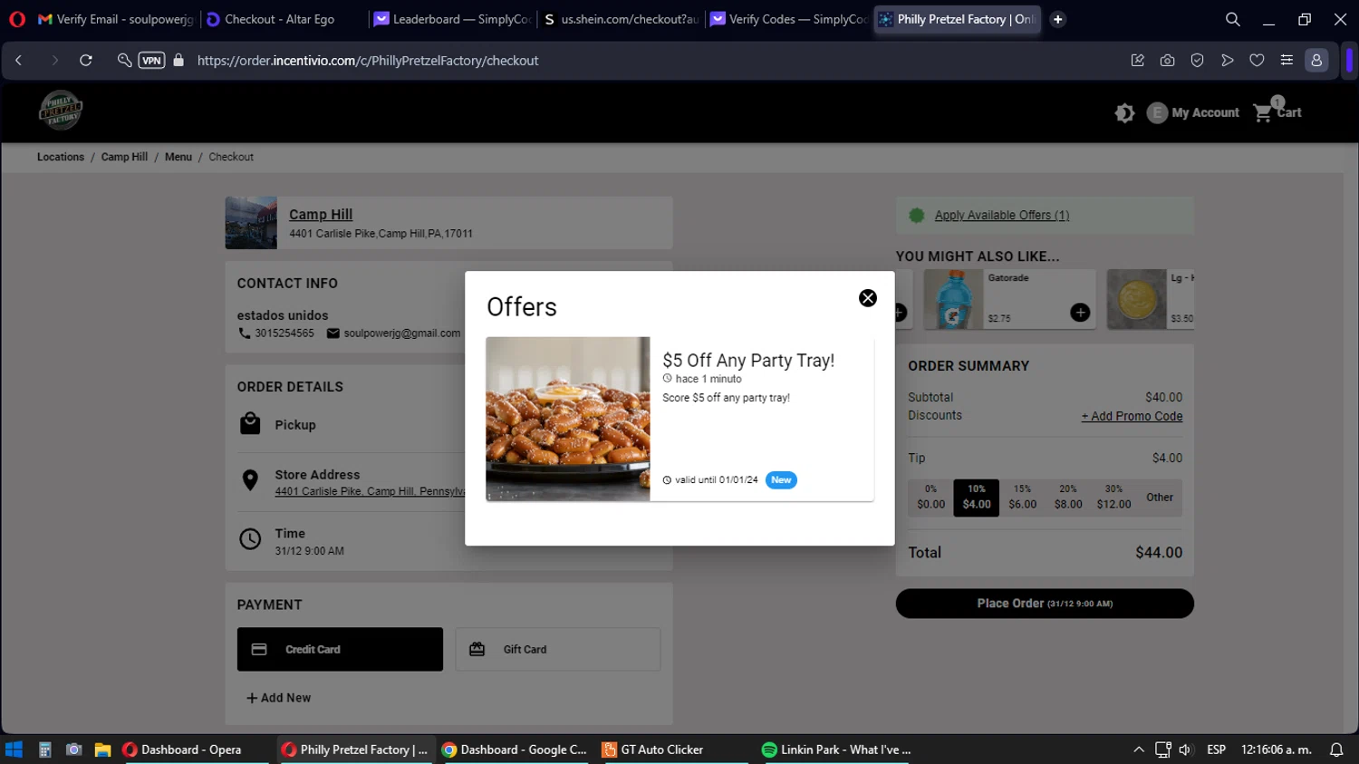 Philly Pretzel Factory checkout page showing Philly Pretzel Factory promo code box | Screenshot taken by SimplyCodes community member on Dec 31, 2023