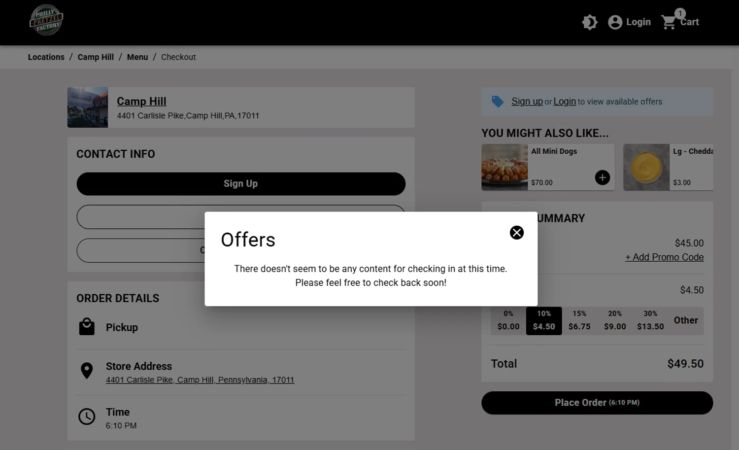 Philly Pretzel Factory promo code screenshot showing code 5OFF applied at Philly Pretzel Factory checkout page. Uploaded by SimplyCodes community member KevLapage on Feb 3, 2025
