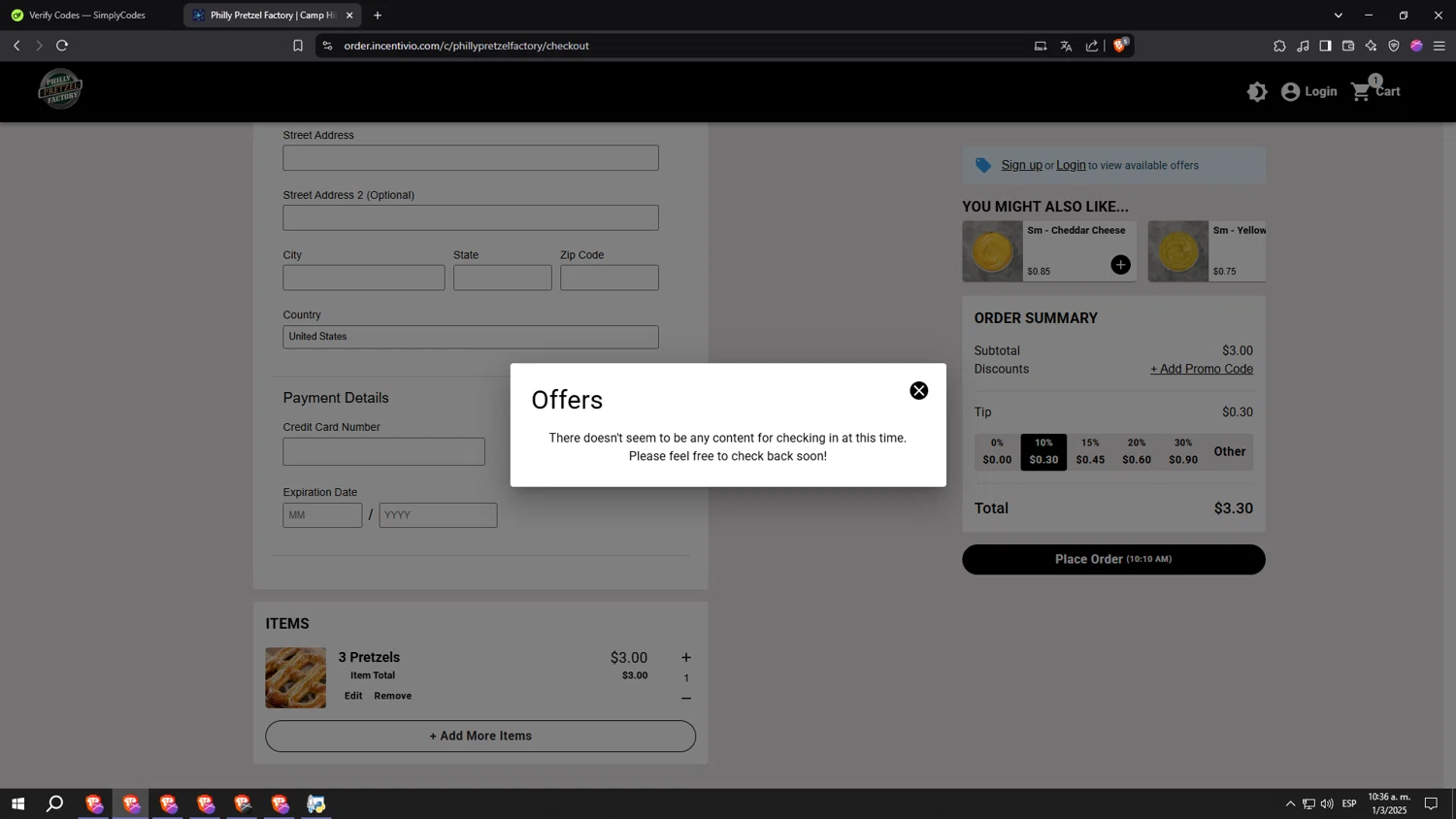 Philly Pretzel Factory promo code screenshot showing code 5OFF applied at Philly Pretzel Factory checkout page. Uploaded by SimplyCodes community member aaaaaaaaaaaaaaaa on Mar 1, 2025