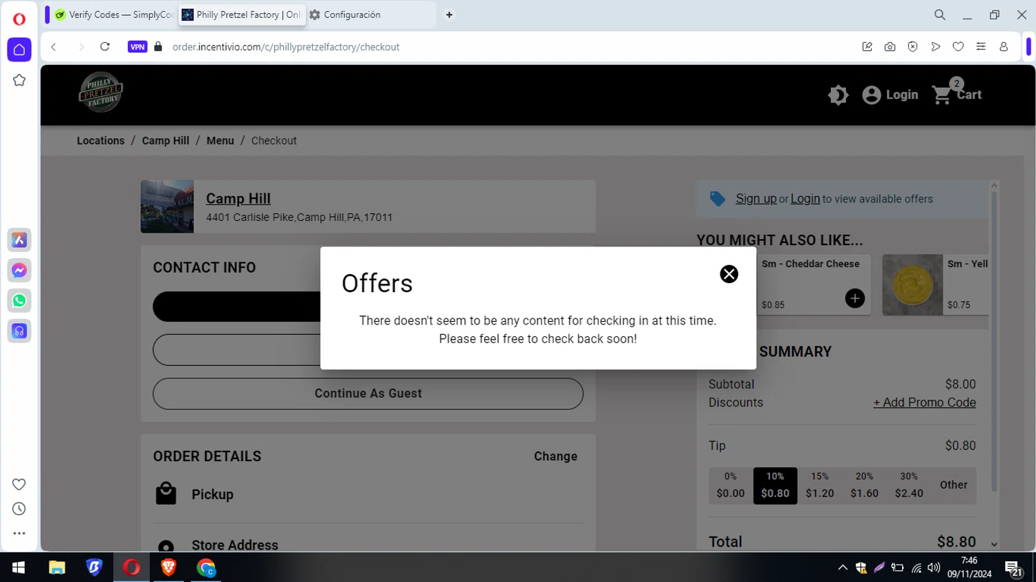 Philly Pretzel Factory checkout page showing Philly Pretzel Factory promo code box | Screenshot taken by SimplyCodes community member on Nov 9, 2024