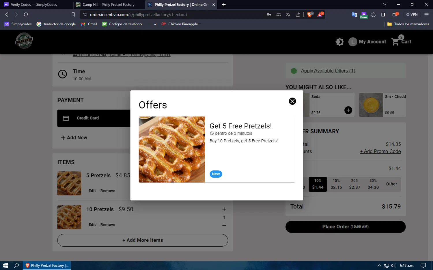 Philly Pretzel Factory checkout page showing Philly Pretzel Factory promo code box | Screenshot taken by SimplyCodes community member on Jan 13, 2024