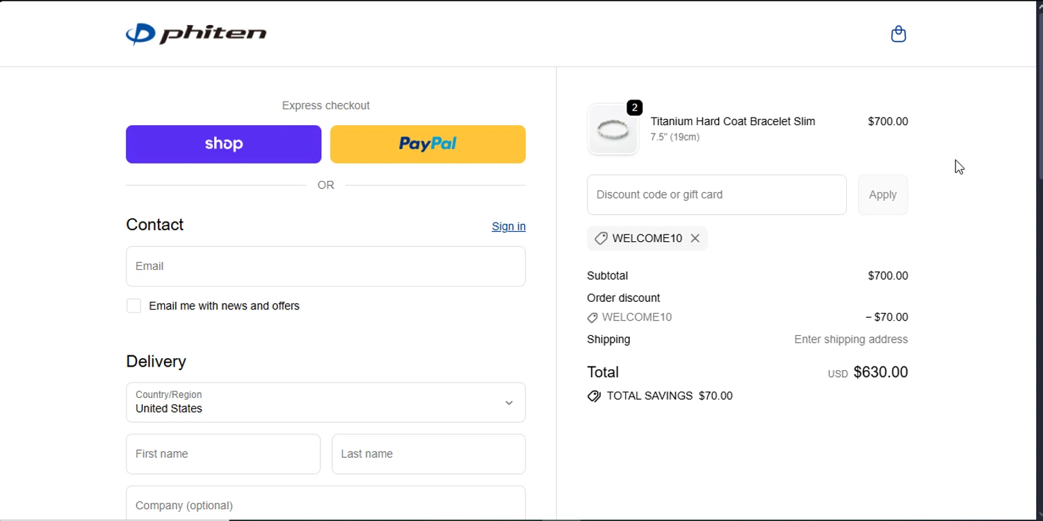 Phiten USA coupon code screenshot showing code WELCOME10 applied at Phiten USA checkout page. Uploaded by SimplyCodes community member RebateSpotter2821 on Dec 4, 2025