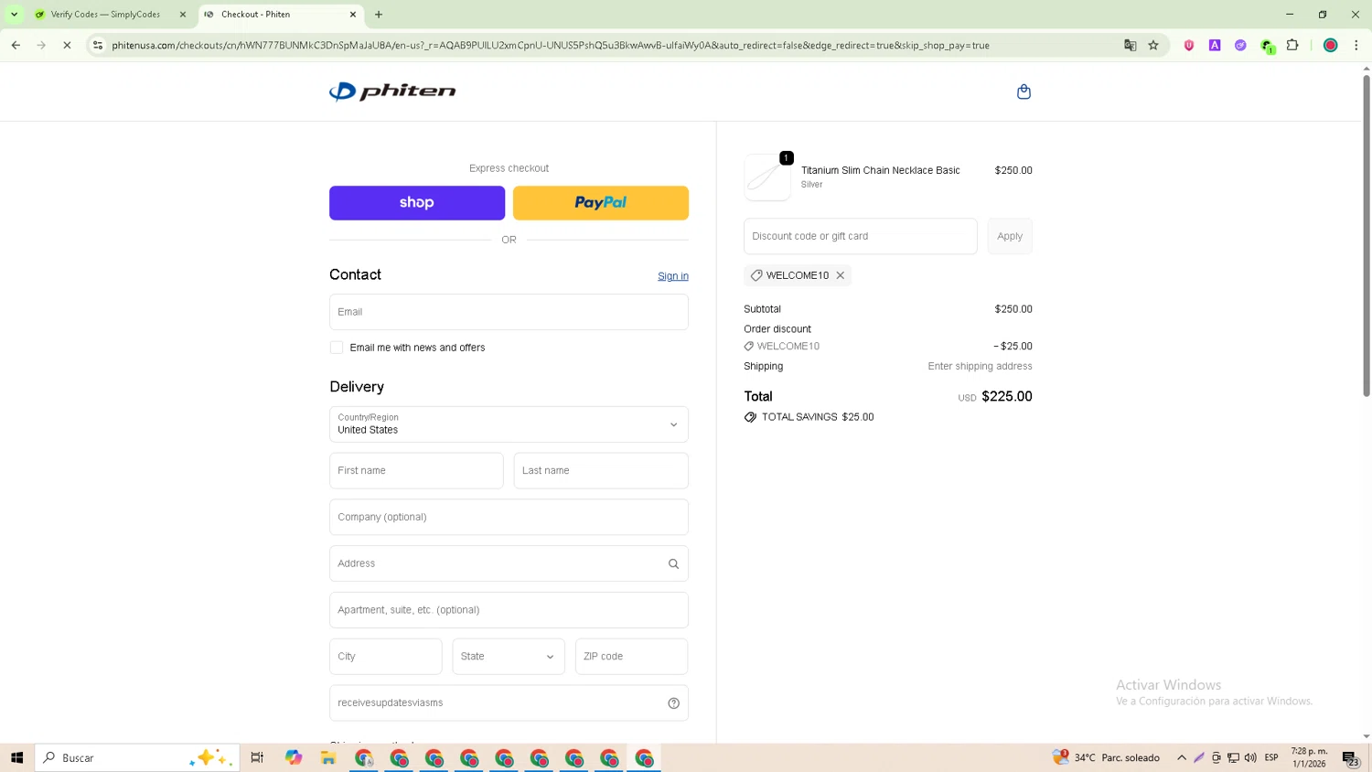 Phiten USA checkout page showing Phiten USA coupon code box | Screenshot taken by SimplyCodes community member on Jan 1, 2026