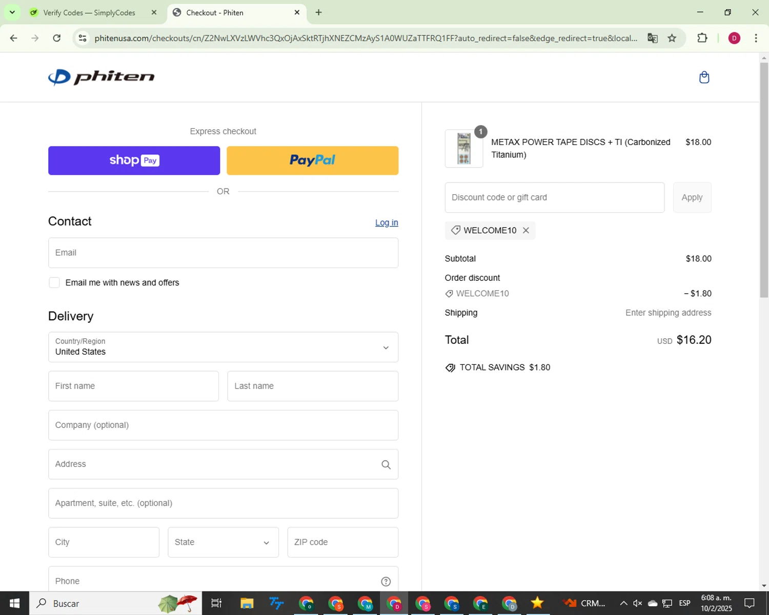 Phiten USA coupon code screenshot showing code WELCOME10 applied at Phiten USA checkout page. Uploaded by SimplyCodes community member 000012 on Feb 10, 2025