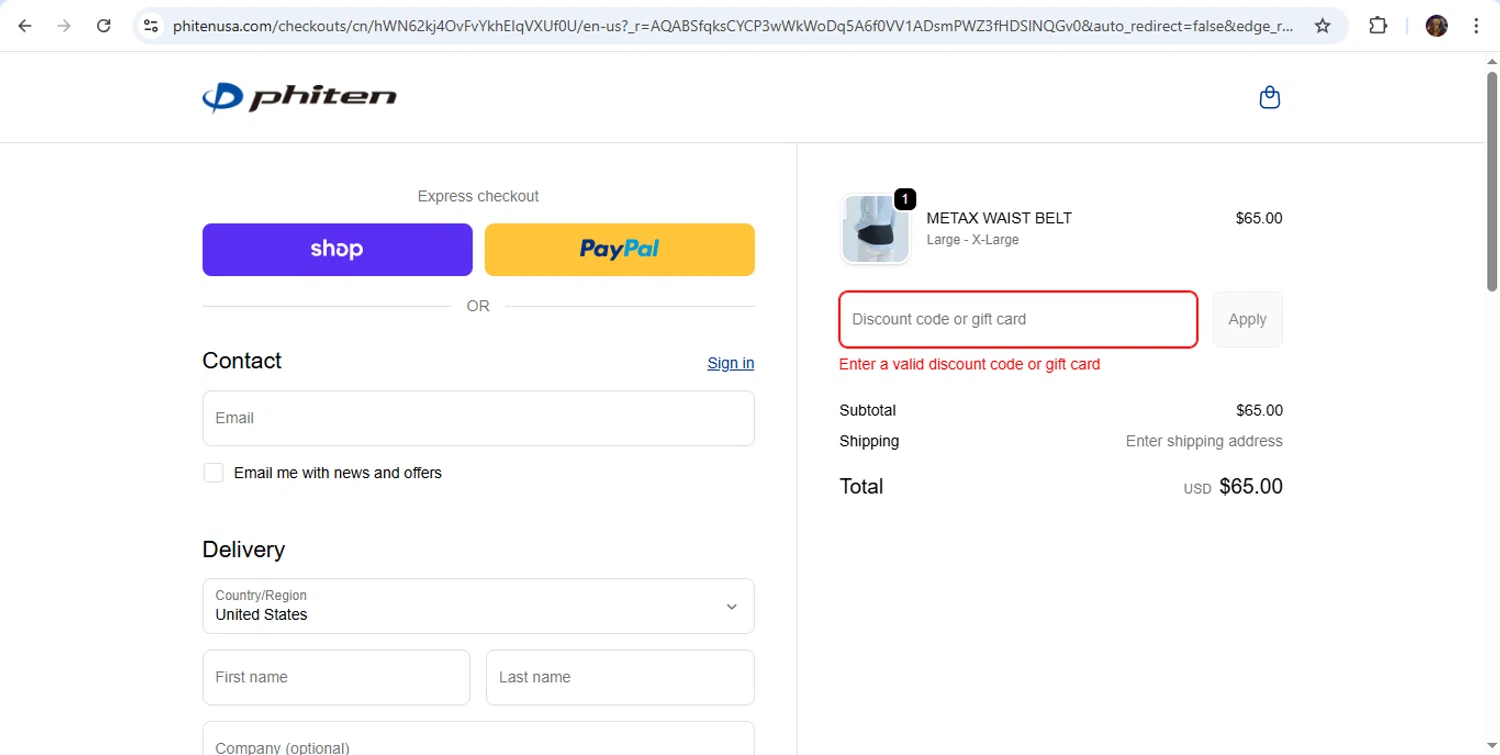 Phiten USA coupon code screenshot showing code BLKCYB25 applied at Phiten USA checkout page. Uploaded by SimplyCodes community member QuestScholar1789 on Dec 4, 2025