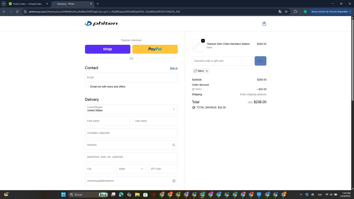 Phiten USA coupon code screenshot showing code RIKU applied at Phiten USA checkout page. Uploaded by SimplyCodes community member CleverCurator1217 on Dec 8, 2025
