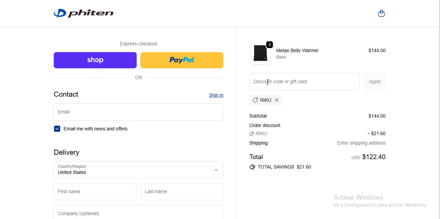 Phiten USA coupon code screenshot showing code RIKU applied at Phiten USA checkout page. Uploaded by SimplyCodes community member CodeEagle1166 on Dec 8, 2025