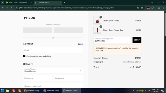Phlur checkout page showing Phlur discount code box | Screenshot taken by SimplyCodes community member on Sep 7, 2025