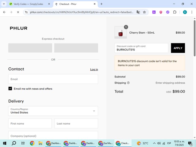 Phlur checkout page showing Phlur discount code box | Screenshot taken by SimplyCodes community member on Sep 7, 2025