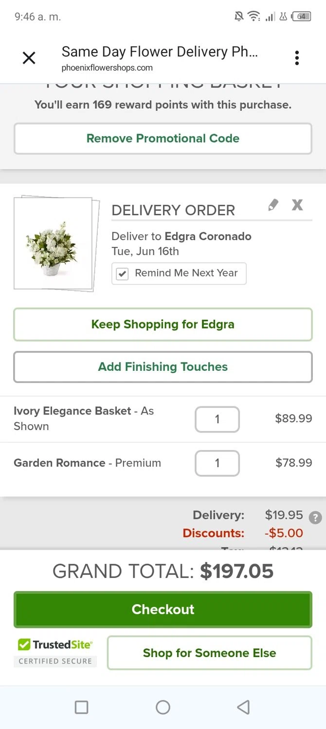 Phoenix Flower Shops promo code screenshot showing code Dadday26 applied at Phoenix Flower Shops checkout page. Uploaded by SimplyCodes community member BonusVoyager4214 on Jun 16, 2026