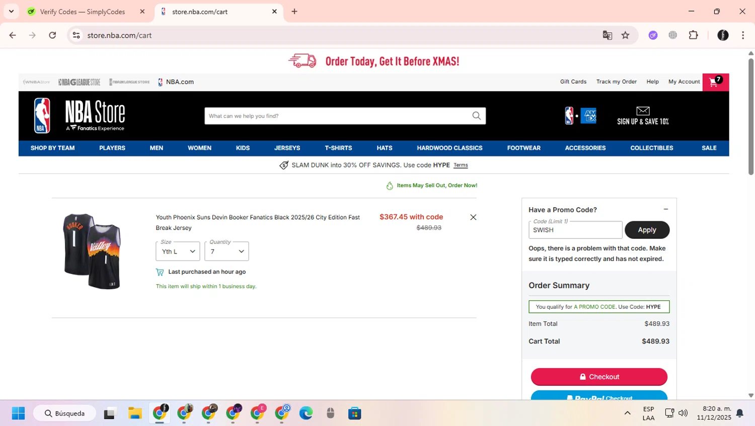 Phoenix Suns promo code screenshot showing code SWISH applied at Phoenix Suns checkout page. Uploaded by SimplyCodes community member ChinoYugiXD on Dec 11, 2025