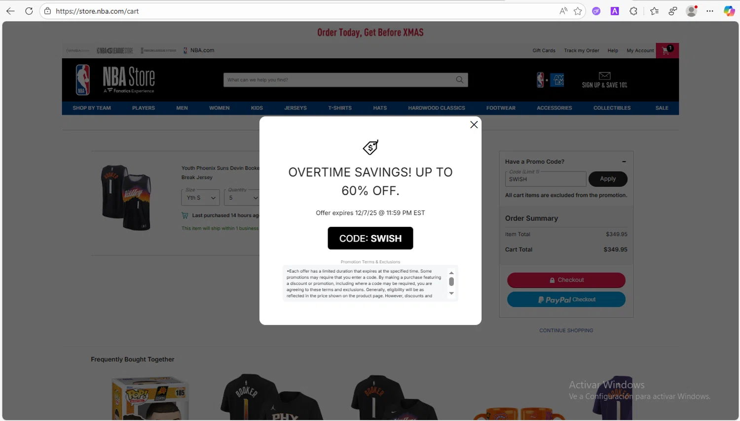 Phoenix Suns promo code screenshot showing code SWISH applied at Phoenix Suns checkout page. Uploaded by SimplyCodes community member VoucherWhiz9254 on Dec 5, 2025