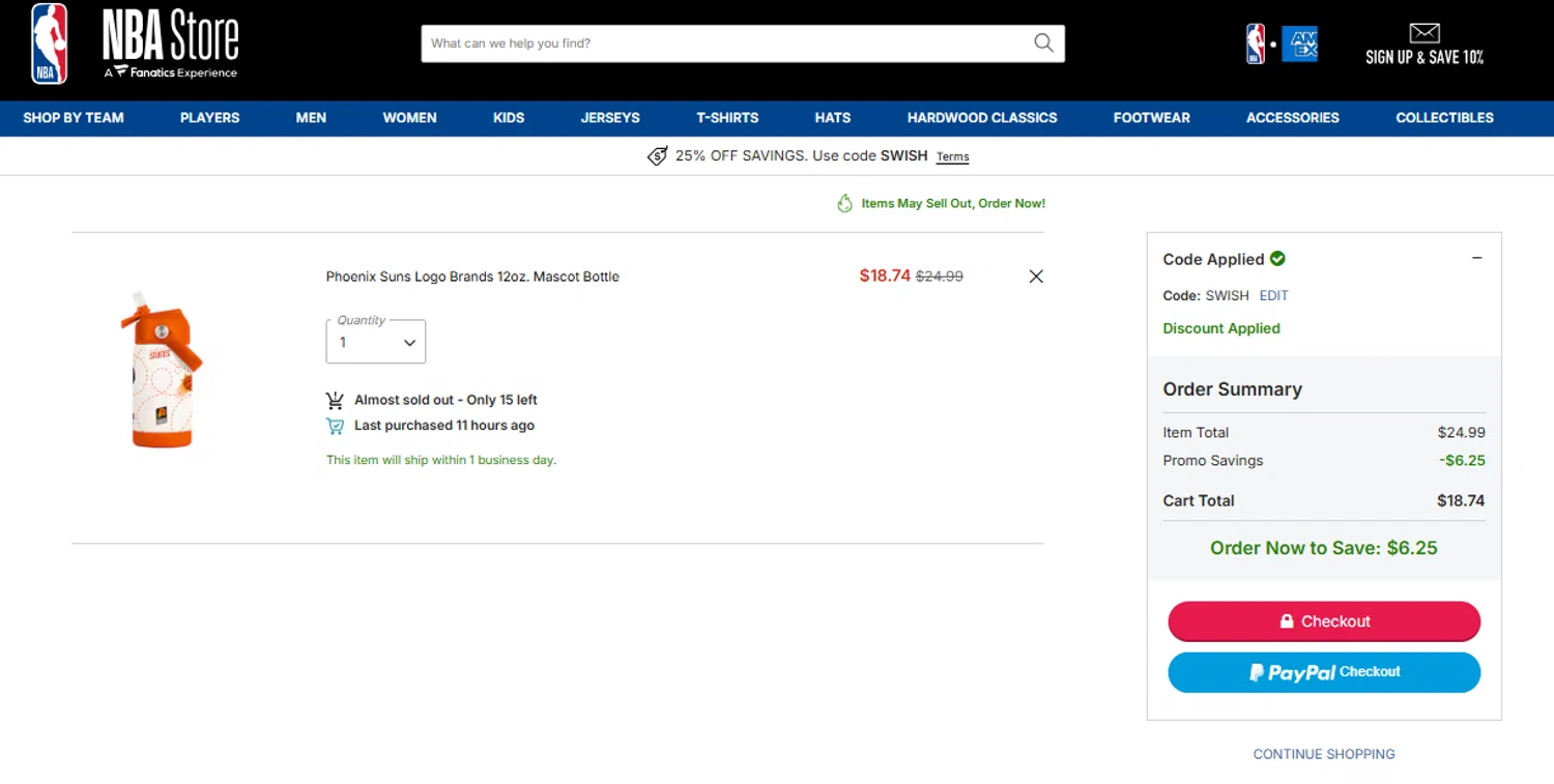 Phoenix Suns checkout page showing Phoenix Suns promo code box | Screenshot taken by SimplyCodes community member on Jan 29, 2026