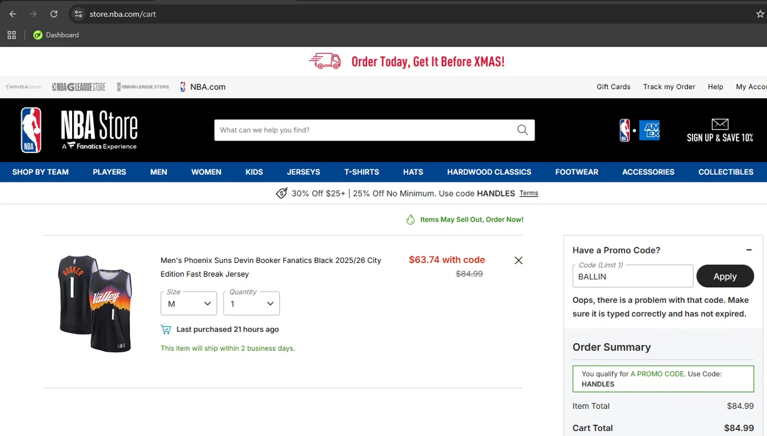 Phoenix Suns promo code screenshot showing code BALLIN applied at Phoenix Suns checkout page. Uploaded by SimplyCodes community member Kony24 on Dec 16, 2025