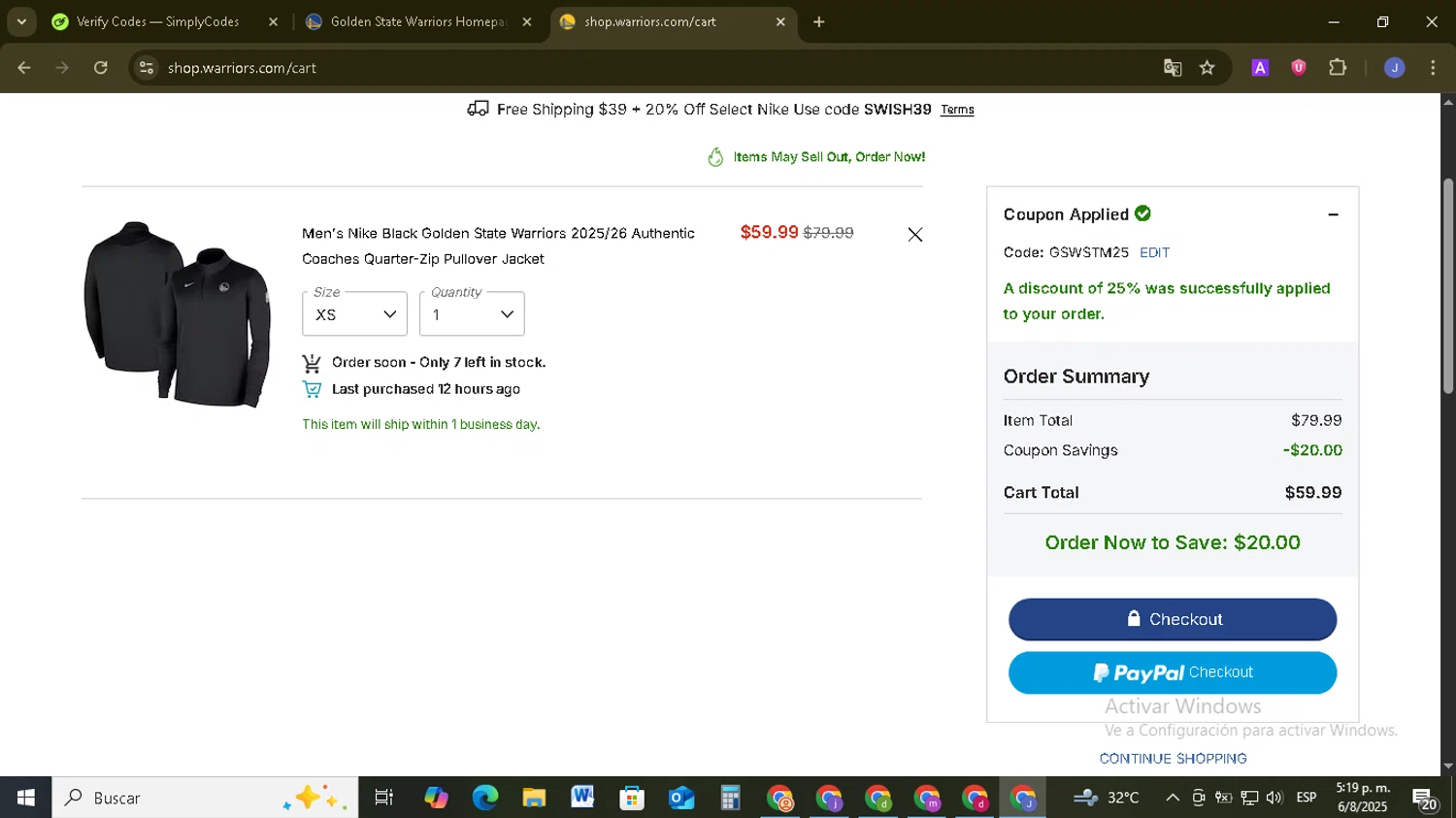 Phoenix Suns promo code screenshot showing code GSWSTM25 applied at Phoenix Suns checkout page. Uploaded by SimplyCodes community member EpicSage3474 on Aug 6, 2025
