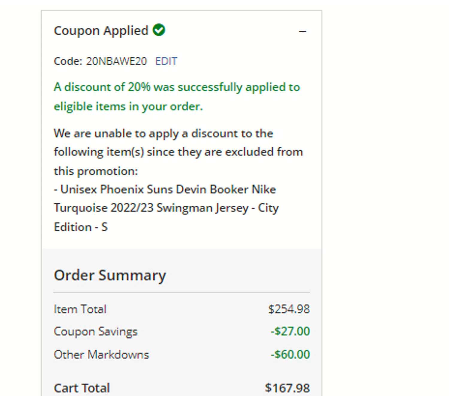 Phoenix Suns promo code screenshot showing code 20NBAWE20 applied at Phoenix Suns checkout page. Uploaded by SimplyCodes community member usercode123 on Apr 14, 2025