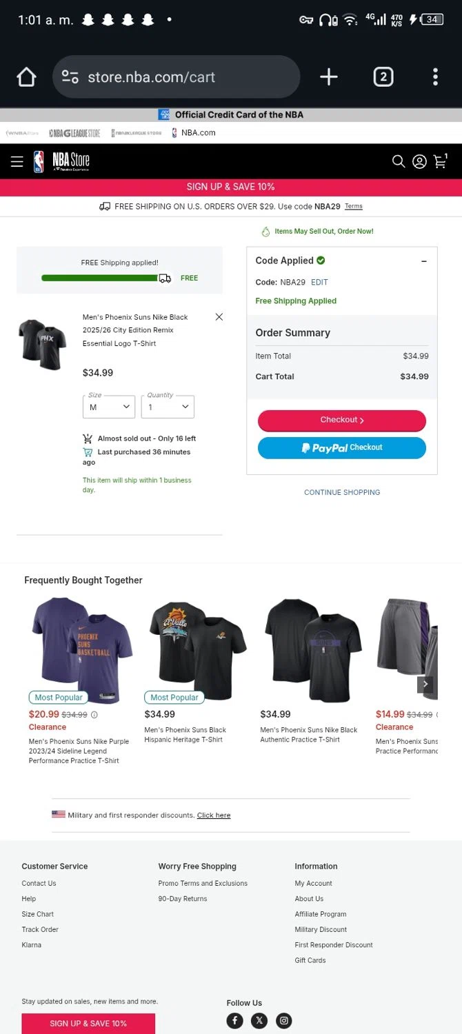 Phoenix Suns checkout page showing Phoenix Suns promo code box | Screenshot taken by SimplyCodes community member on Feb 17, 2026