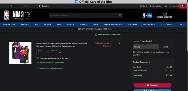 Phoenix Suns checkout page showing Phoenix Suns promo code box | Screenshot taken by SimplyCodes community member on Sep 24, 2025