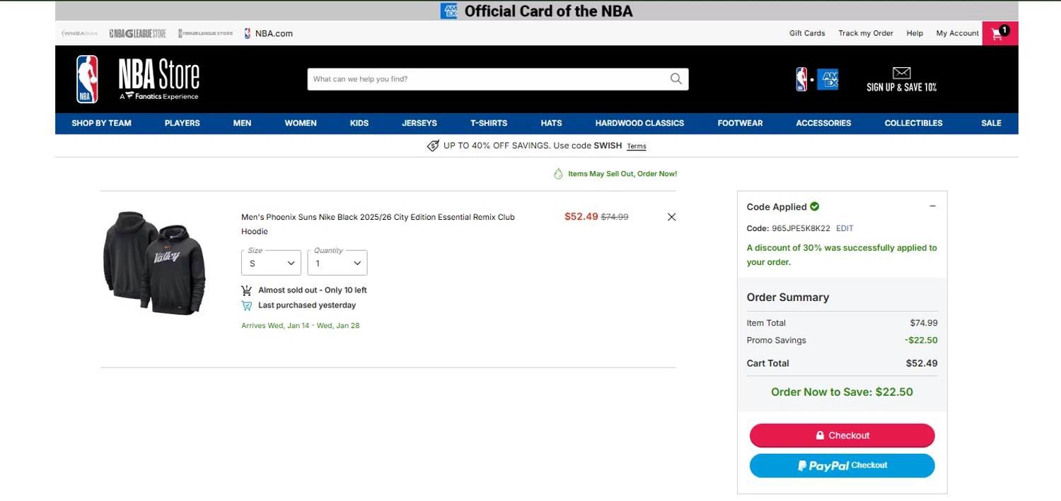 Phoenix Suns promo code screenshot showing code 965JPE5K8K22 applied at Phoenix Suns checkout page. Uploaded by SimplyCodes community member OnlywM on Dec 26, 2025