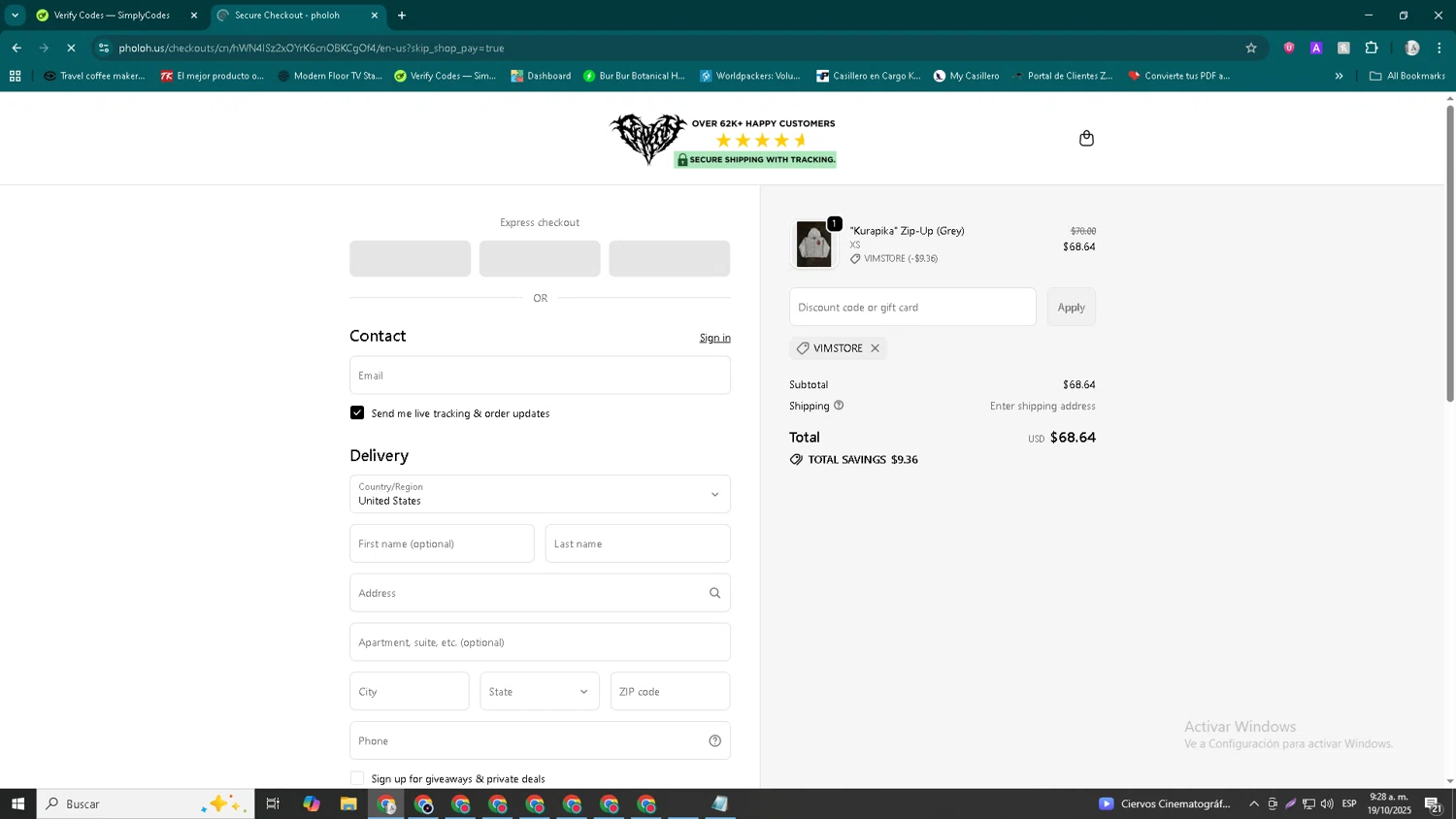 Pholoh discount code screenshot showing code VIMSTORE applied at Pholoh checkout page. Uploaded by SimplyCodes community member John_Johnson on Oct 19, 2025