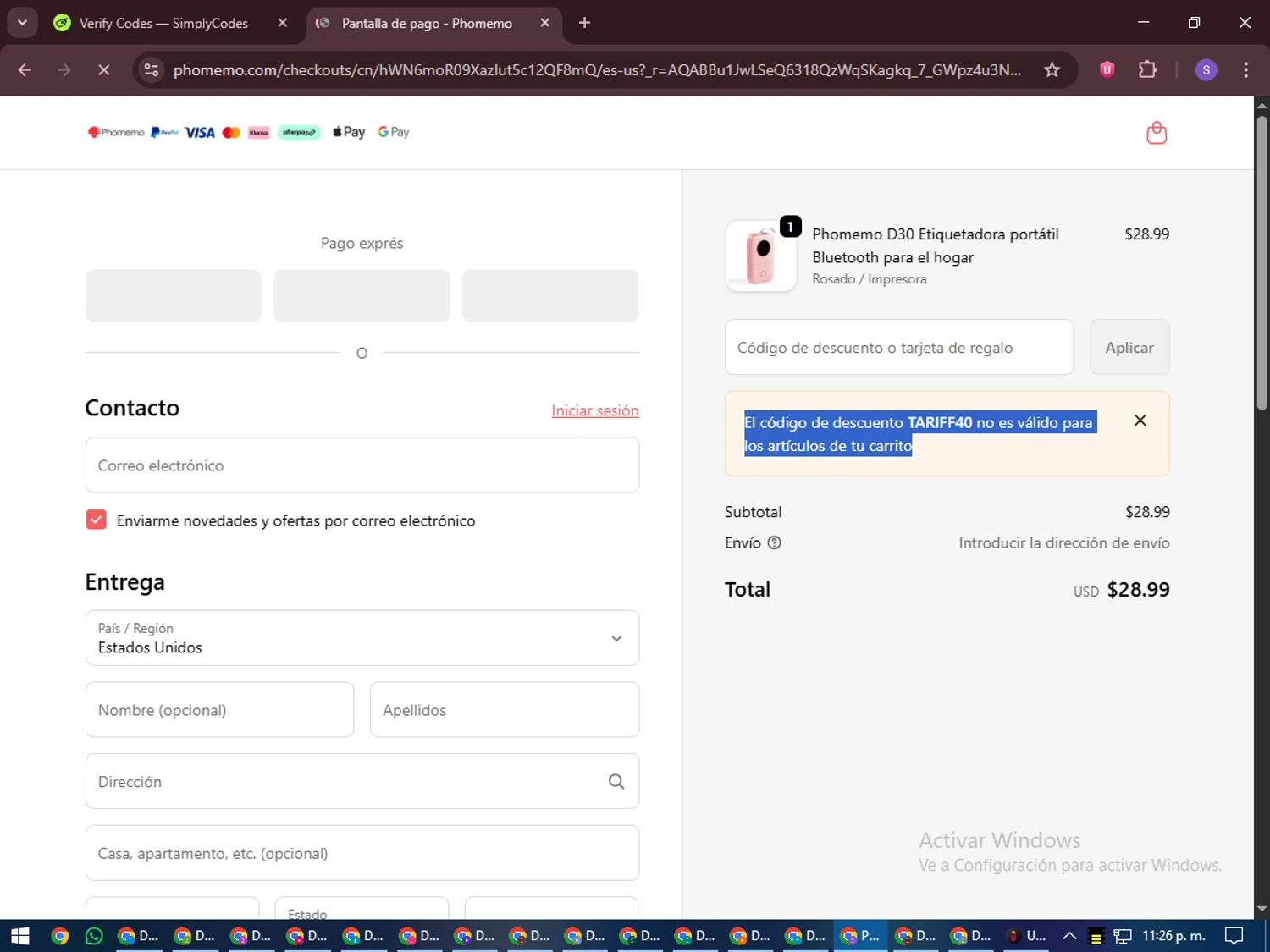 Phomemo discount code screenshot showing code Tariff40 applied at Phomemo checkout page. Uploaded by SimplyCodes community member LuckyVoyager688 on Dec 24, 2025