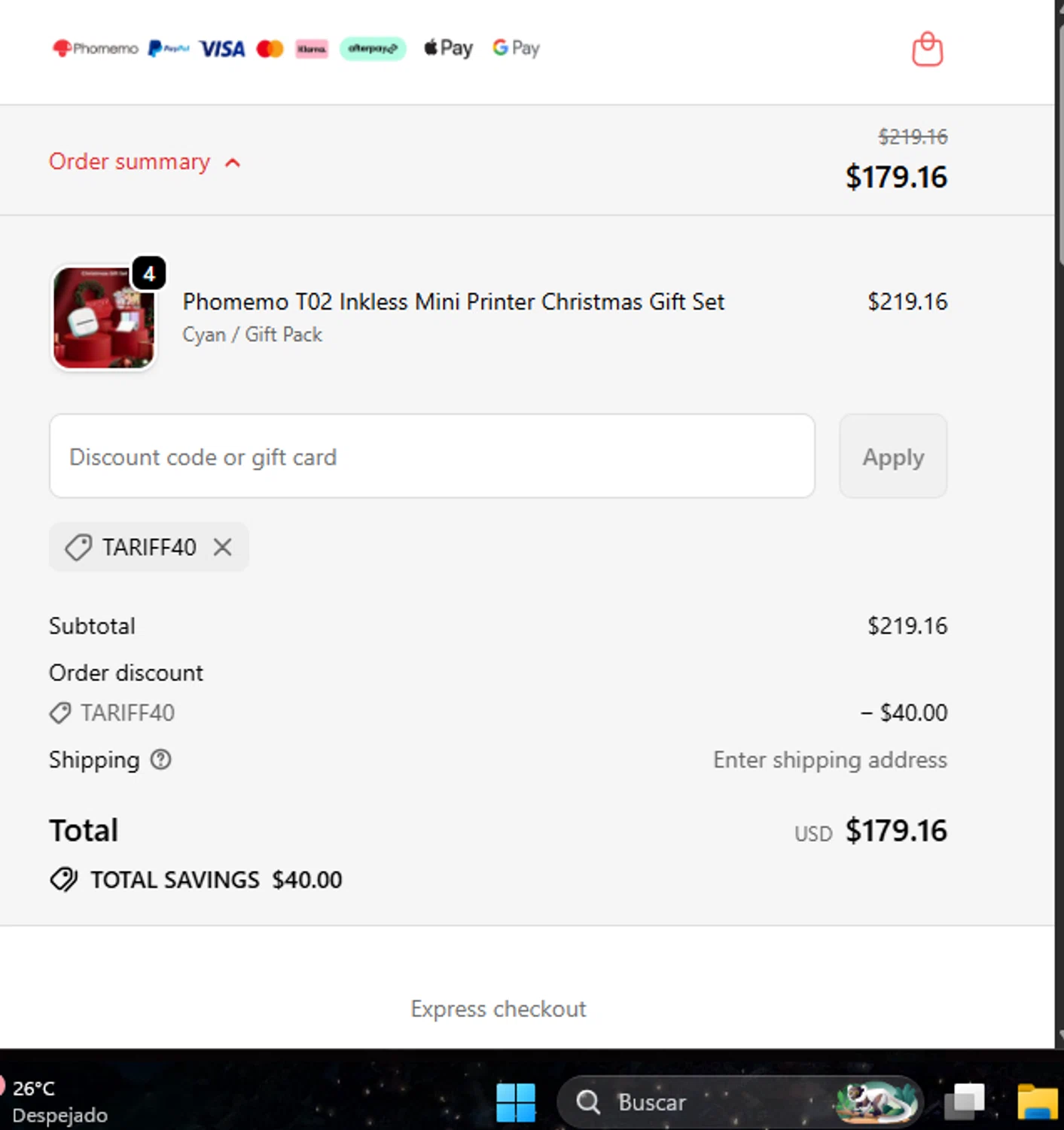 Phomemo discount code screenshot showing code Tariff40 applied at Phomemo checkout page. Uploaded by SimplyCodes community member Pinkicuat on Dec 29, 2025