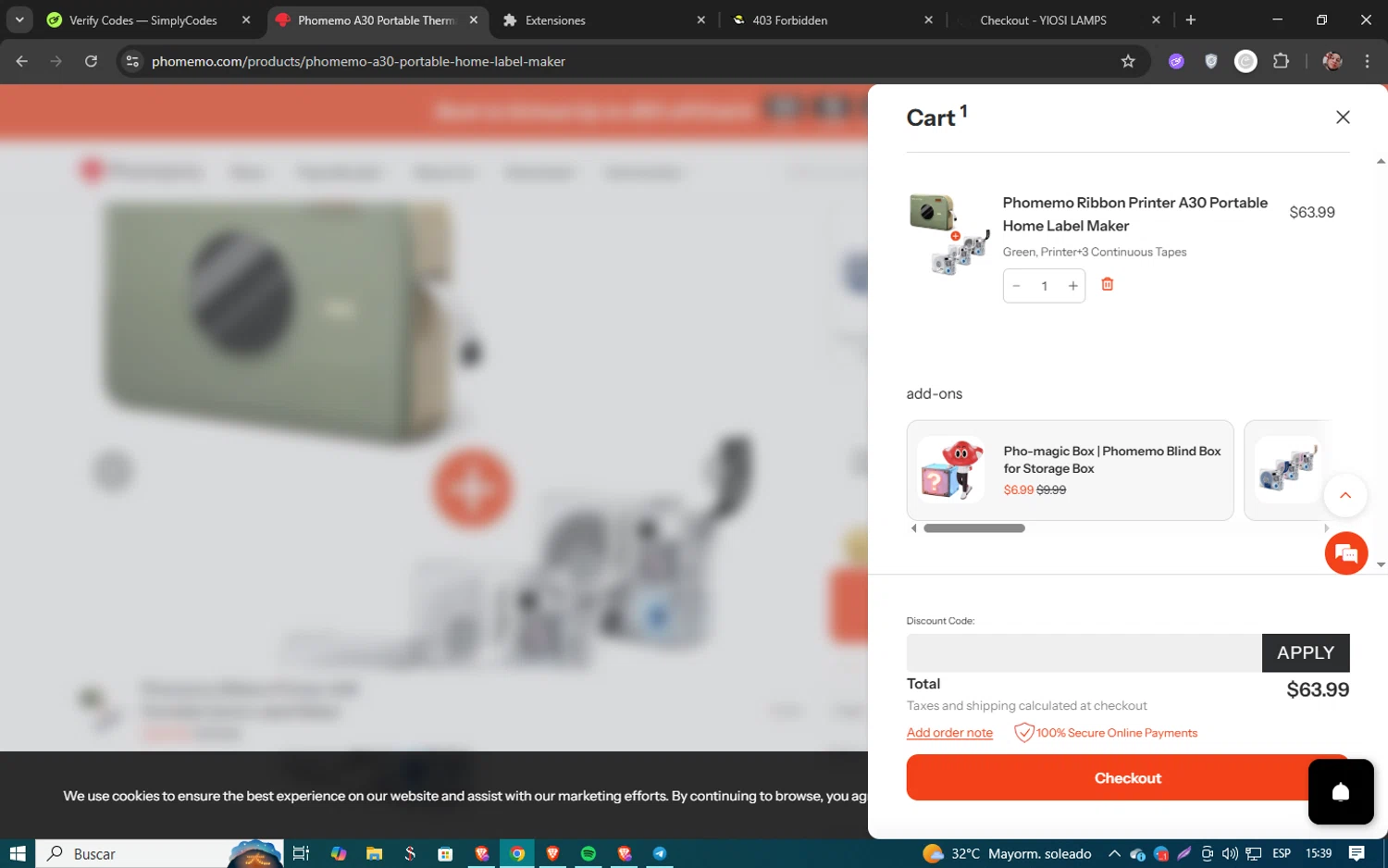 Phomemo discount code screenshot showing code VIP-20 applied at Phomemo checkout page. Uploaded by SimplyCodes community member 61451681 on Aug 16, 2025