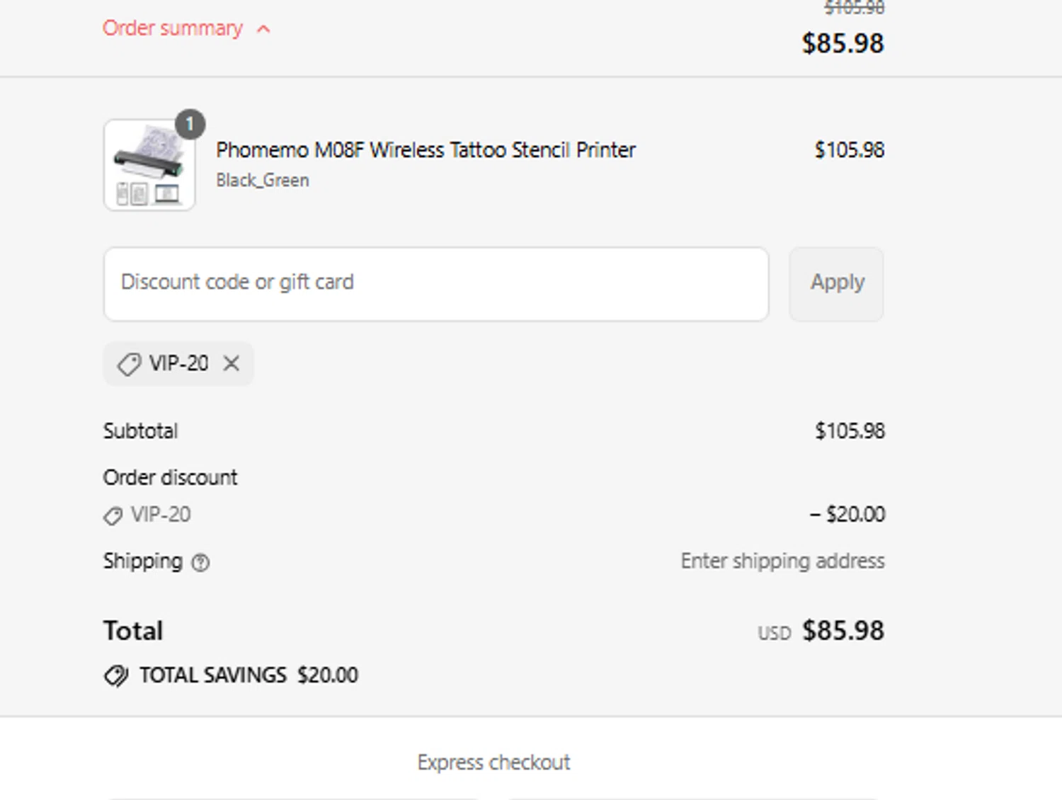 Phomemo discount code screenshot showing code VIP-20 applied at Phomemo checkout page. Uploaded by SimplyCodes community member CouponLion324 on Aug 16, 2025