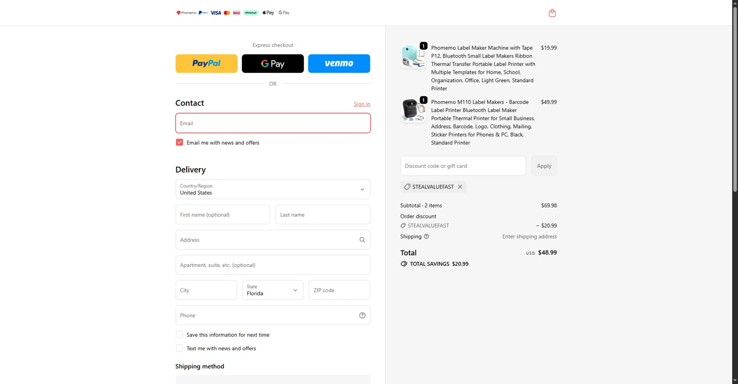 Phomemo discount code screenshot showing code stealvaluefast applied at Phomemo checkout page. Uploaded by SimplyCodes community member MightyMaestro356 on Nov 14, 2025